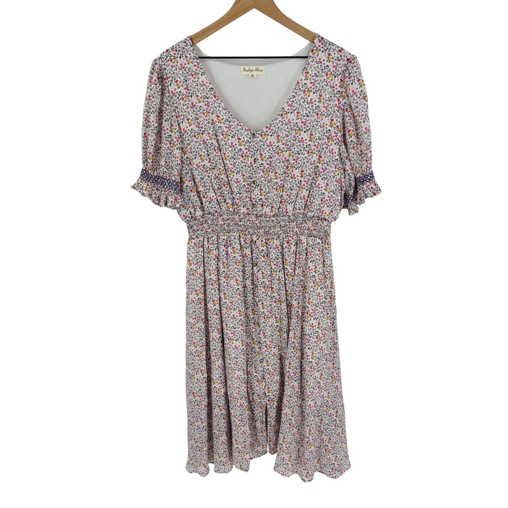 Indigo Rose Floral Midi‎ Dress Size 2X White Smocked Waist Boho Cottagecore